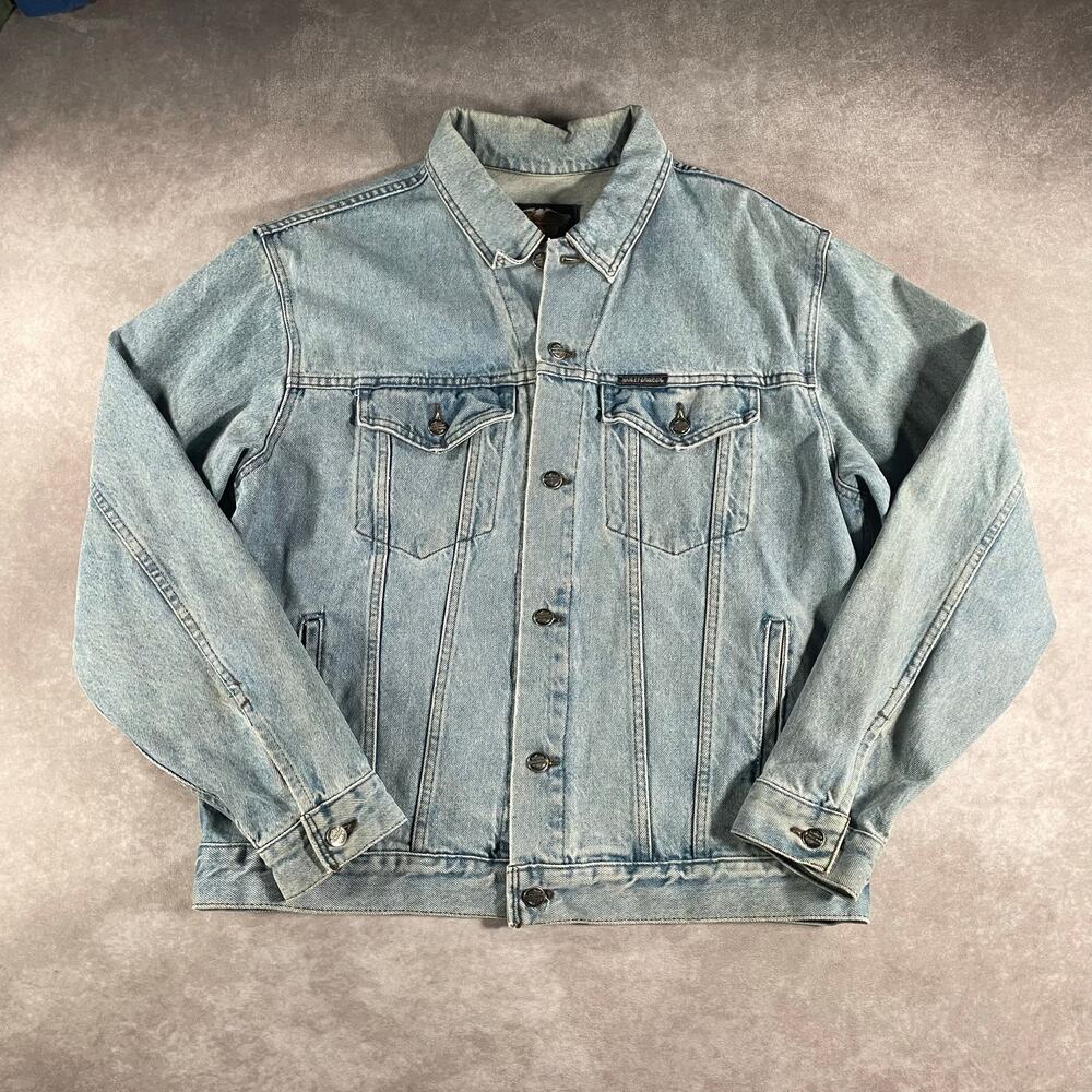 Vintage Harley Davidson Motorcycles Embroidered Light Wash Denim Trucker Jacket